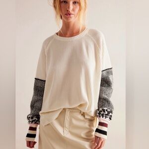 Free People Cream and Black Long Sleeve Top